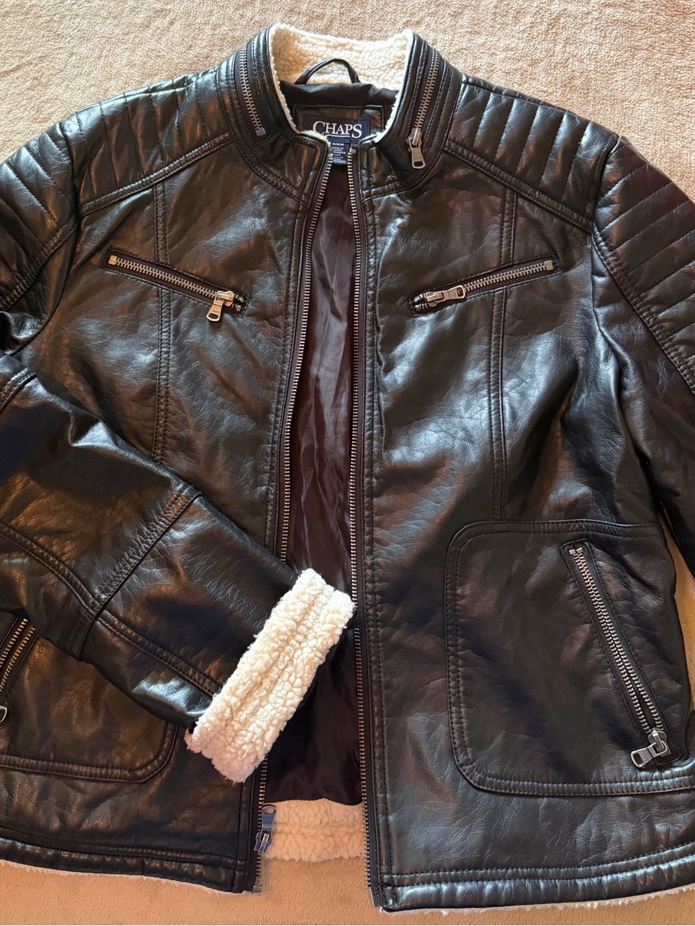 Chaps Black Jacket with Cream Sherpa Trim